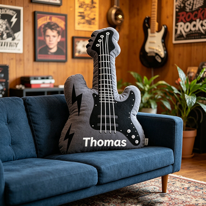 Personalized Electric Guitar Pillow with Custom Name, Soft Plush Rock Music Cushion, Gift for Guitar Players, Boys & Music Lovers
