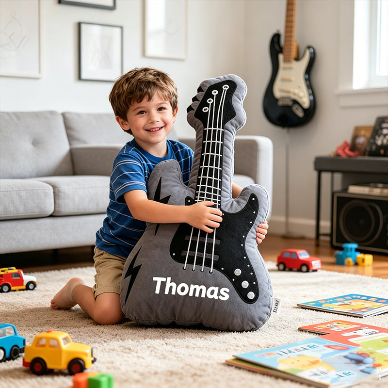 Personalized Electric Guitar Pillow with Custom Name, Soft Plush Rock Music Cushion, Gift for Guitar Players, Boys & Music Lovers