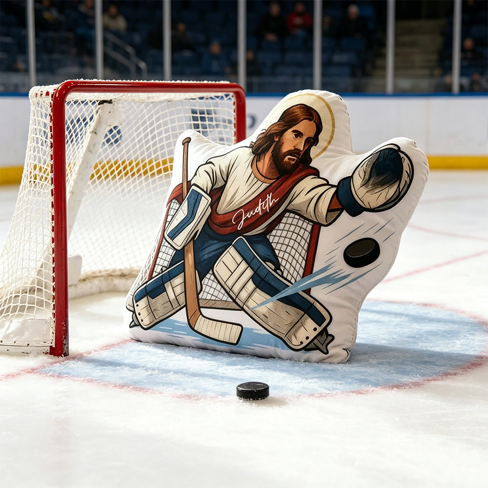 Personalized Jesus Saves Hockey Goalie Pillow – Custom Name, Christian Home Decor, and Humor Gift