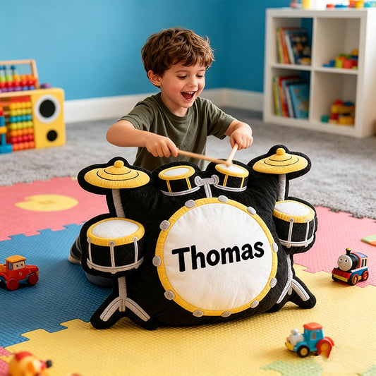 Personalized Drum Set Pillow with Custom Name, Soft Plush Music Cushion, Gift for Drummers, Kids & Music Lovers