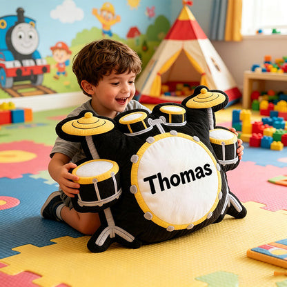 Personalized Drum Set Pillow with Custom Name, Soft Plush Music Cushion, Gift for Drummers, Kids & Music Lovers