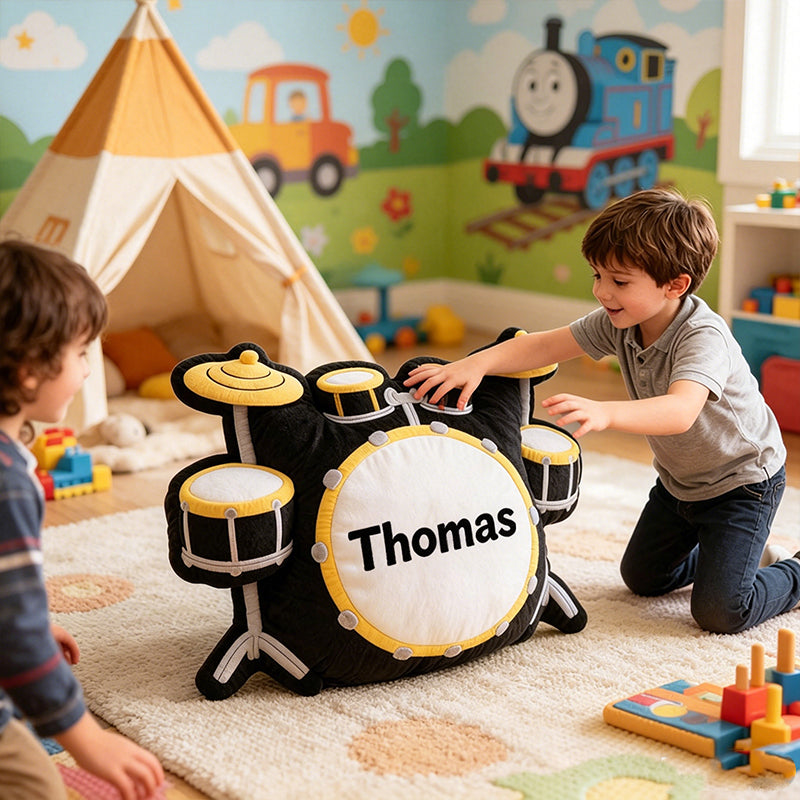 Personalized Drum Set Pillow with Custom Name, Soft Plush Music Cushion, Gift for Drummers, Kids & Music Lovers