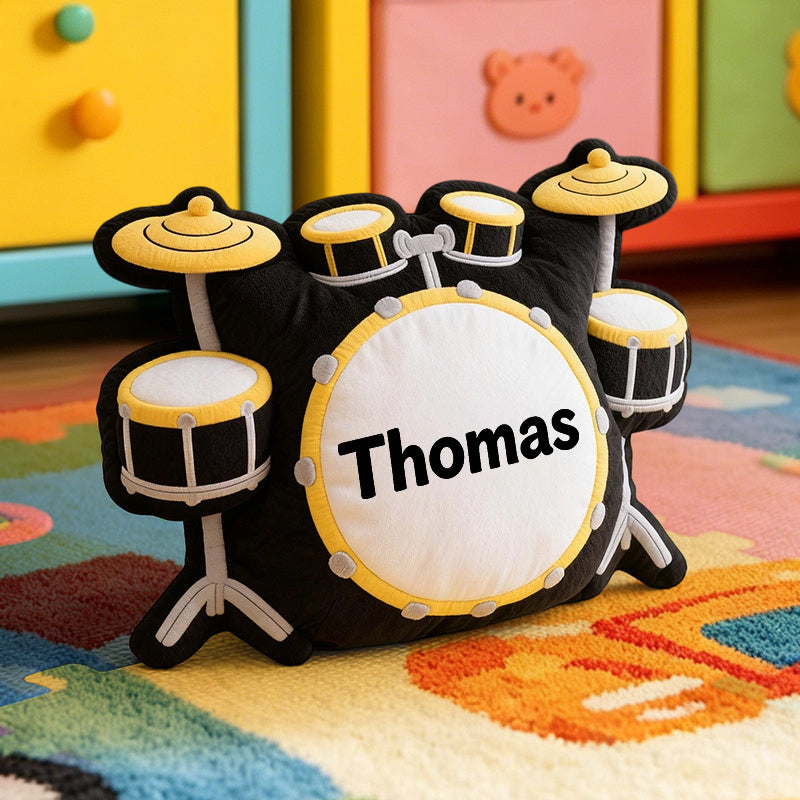 Personalized Drum Set Pillow with Custom Name, Soft Plush Music Cushion, Gift for Drummers, Kids & Music Lovers