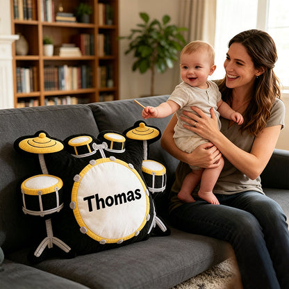 Personalized Drum Set Pillow with Custom Name, Soft Plush Music Cushion, Gift for Drummers, Kids & Music Lovers