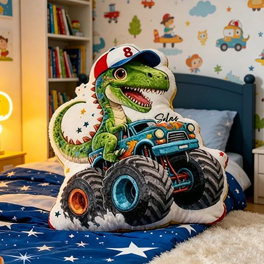 Personalized T-Rex Truck Pillow Custom Name Dinosaur Vehicle Cushion Graphic 3D Print Soft Throw Pillow Unique Birthday Gift for Boys Kids Room Playroom Decor