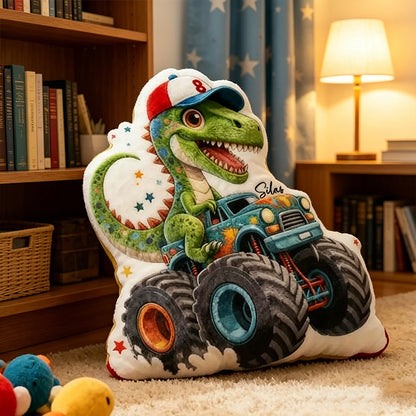 Personalized T-Rex Truck Pillow Custom Name Dinosaur Vehicle Cushion Graphic 3D Print Soft Throw Pillow Unique Birthday Gift for Boys Kids Room Playroom Decor