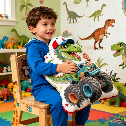 Personalized T-Rex Truck Pillow Custom Name Dinosaur Vehicle Cushion Graphic 3D Print Soft Throw Pillow Unique Birthday Gift for Boys Kids Room Playroom Decor