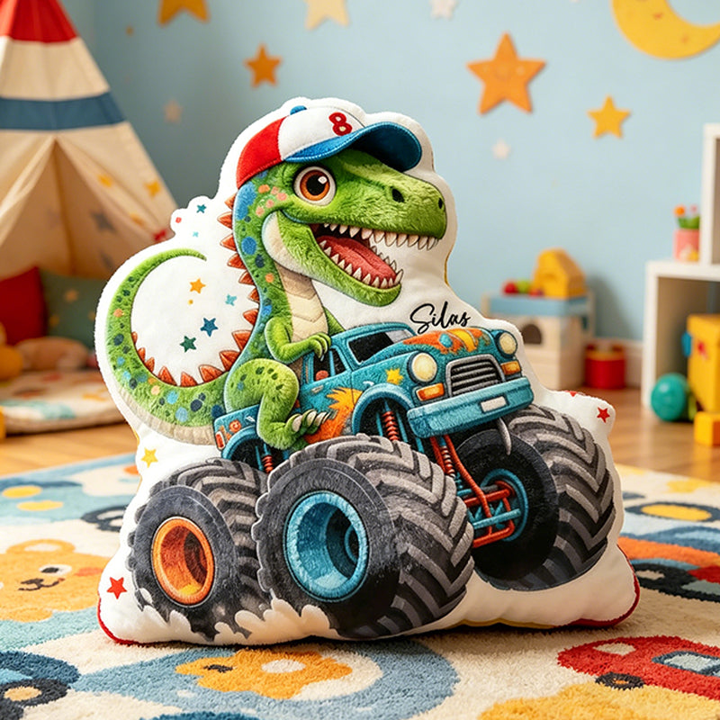 Personalized T-Rex Truck Pillow Custom Name Dinosaur Vehicle Cushion Graphic 3D Print Soft Throw Pillow Unique Birthday Gift for Boys Kids Room Playroom Decor