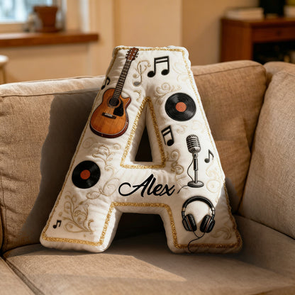 Personalized Vinyl Record & Guitar Pillow with Custom Name, Soft Plush Music Cushion, Gift for Music Lovers, Musicians & Kids