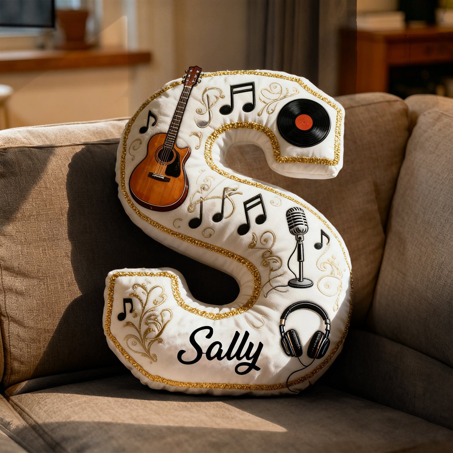 Personalized Vinyl Record & Guitar Pillow with Custom Name, Soft Plush Music Cushion, Gift for Music Lovers, Musicians & Kids