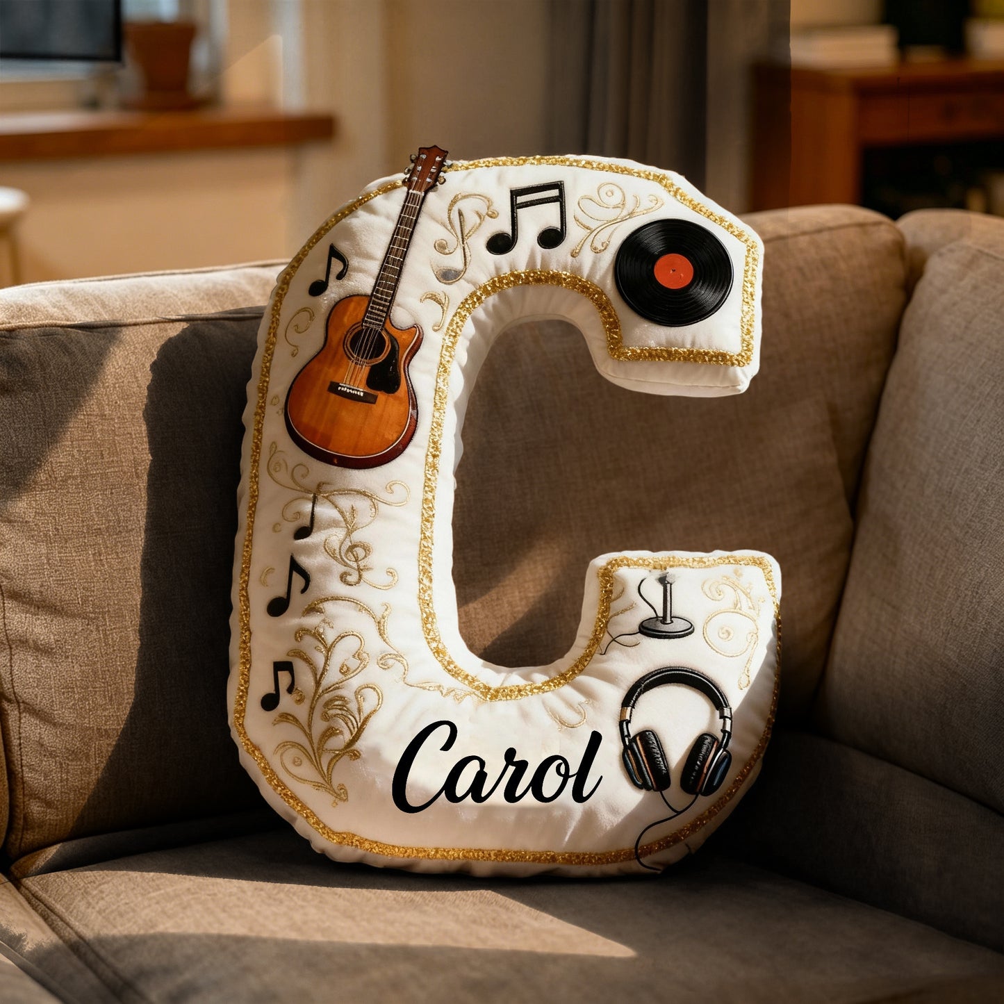 Personalized Vinyl Record & Guitar Pillow with Custom Name, Soft Plush Music Cushion, Gift for Music Lovers, Musicians & Kids