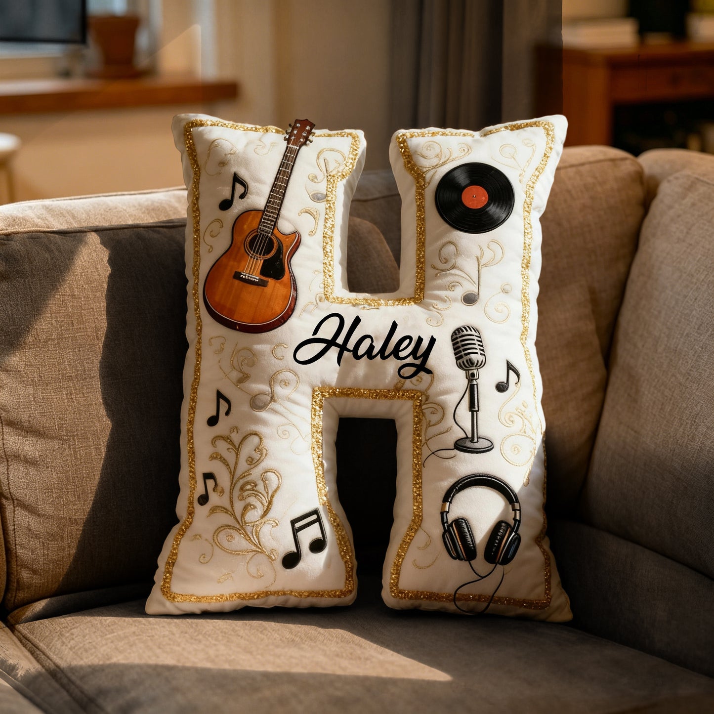 Personalized Vinyl Record & Guitar Pillow with Custom Name, Soft Plush Music Cushion, Gift for Music Lovers, Musicians & Kids