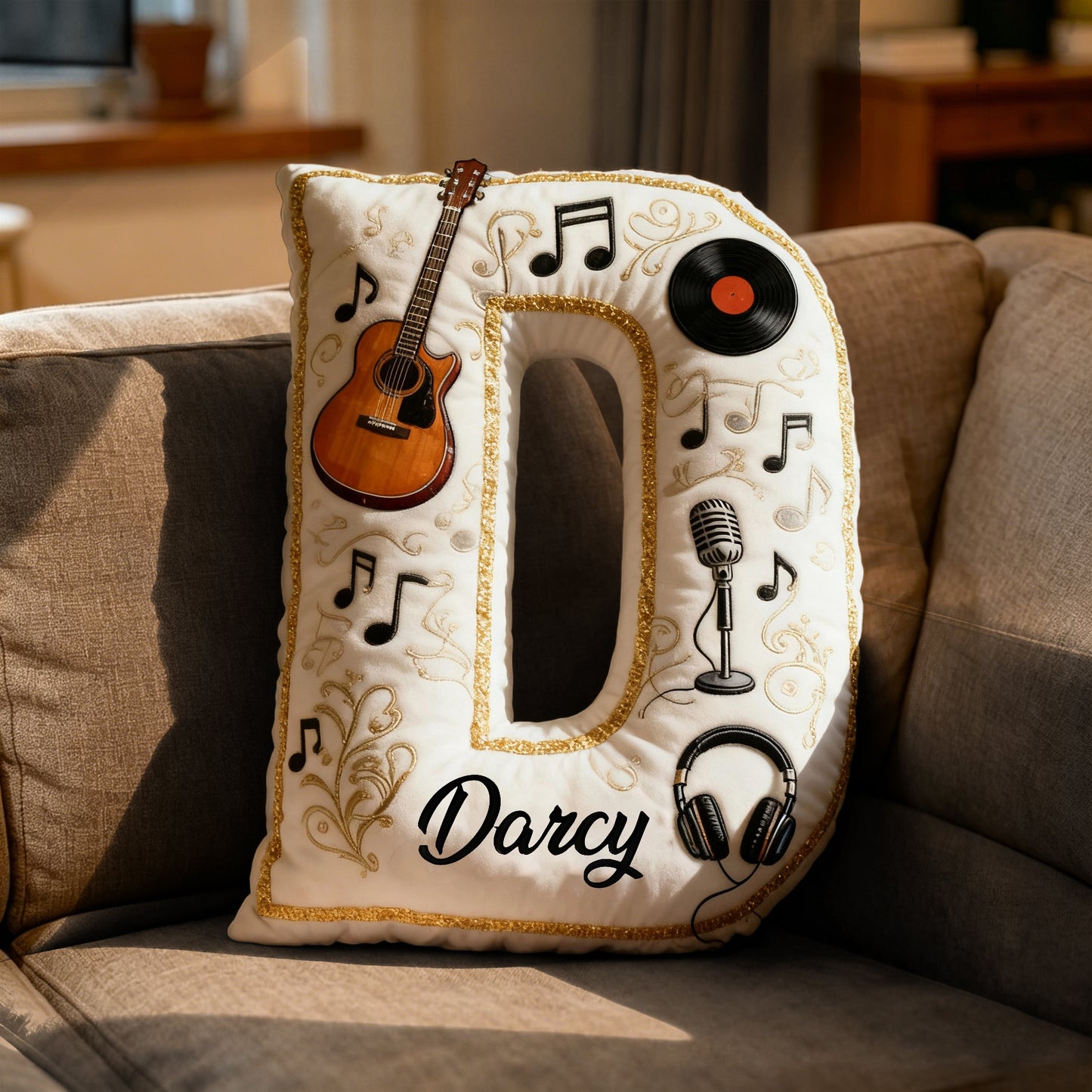 Personalized Vinyl Record & Guitar Pillow with Custom Name, Soft Plush Music Cushion, Gift for Music Lovers, Musicians & Kids