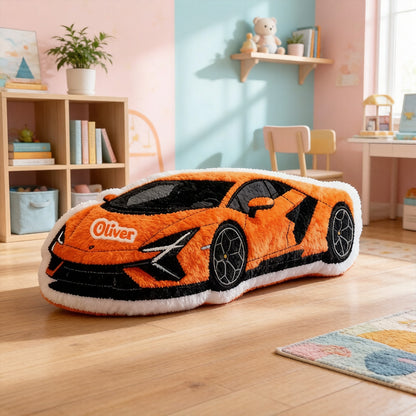 Customizable Sports Car Pillow – Personalize with Your Name, 3D Graphic Print, Perfect Gift for Boys
