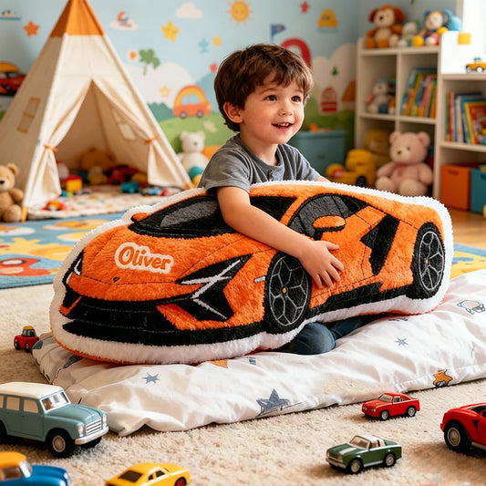Customizable Sports Car Pillow – Personalize with Your Name, 3D Graphic Print, Perfect Gift for Boys