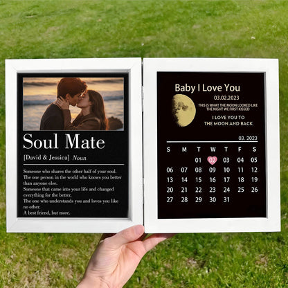 Personalized Bi-Fold Moon Phase & "Soul Mate" Definition Shadow Box: Custom "The Night We First Kissed" Moon Map & Anniversary Calendar Photo Frame