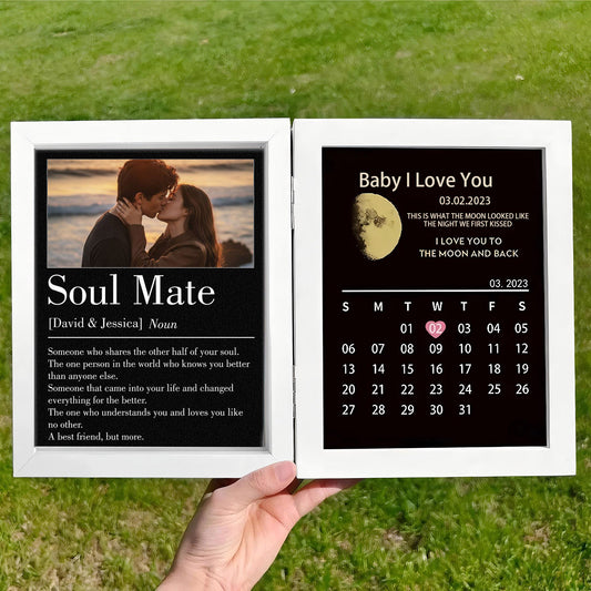 Personalized Bi-Fold Moon Phase & "Soul Mate" Definition Shadow Box: Custom "The Night We First Kissed" Moon Map & Anniversary Calendar Photo Frame