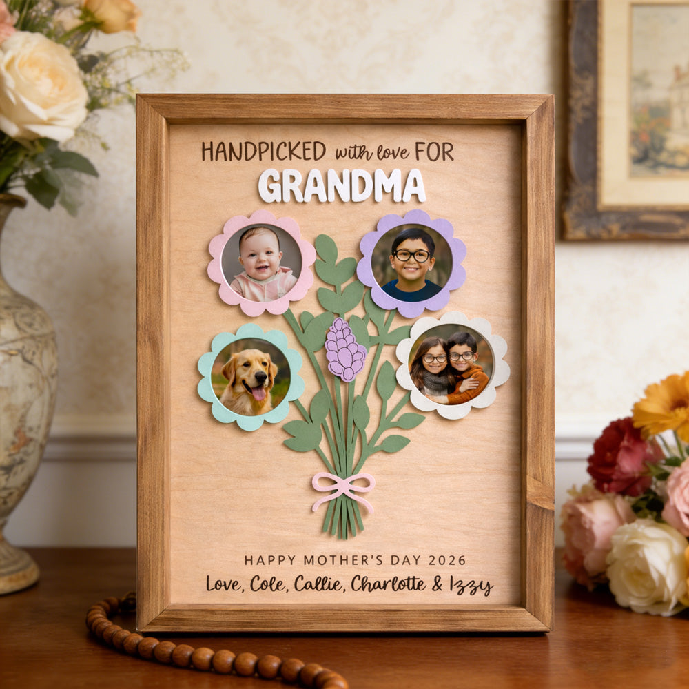 Personalized Flower Bouquet Wood Frame with Kids Photos Grandma Mother's Day Gifts