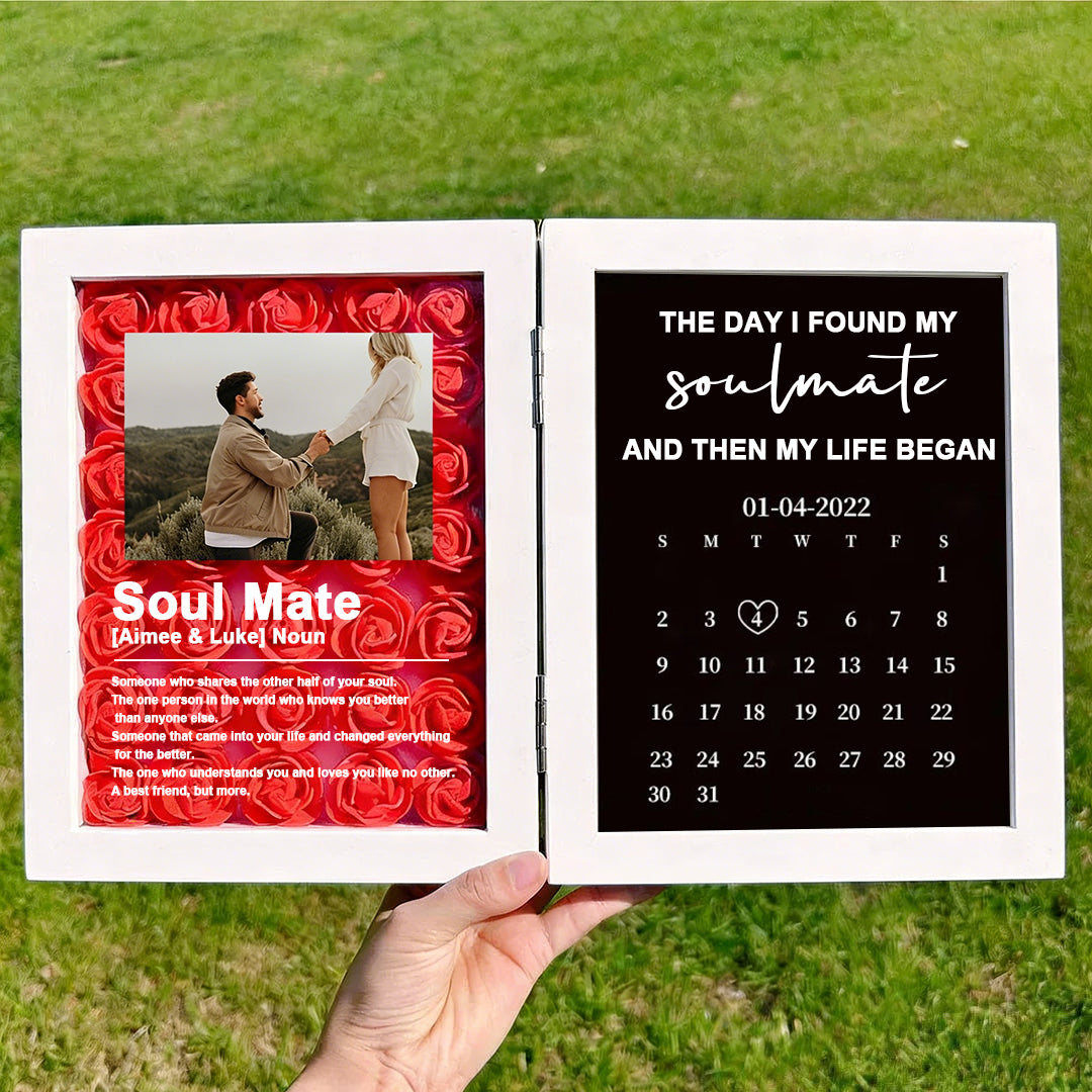 "The Day I Found My Soulmate" Custom Shadow Box: Romantic 3D Floral Backdrop with Personalized Dictionary Definition & Special Date Calendar