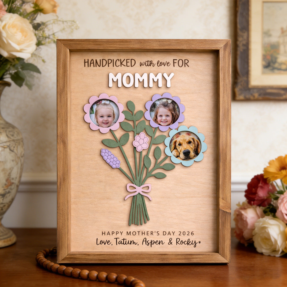 Personalized Flower Bouquet Wood Frame with Kids Photos Grandma Mother's Day Gifts