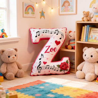 Personalized Rose Heart Music Note Pillow with Name, Custom Sheet Music Plush Cushion, Romantic Gift for Valentine's Day, Anniversary & Music Lovers