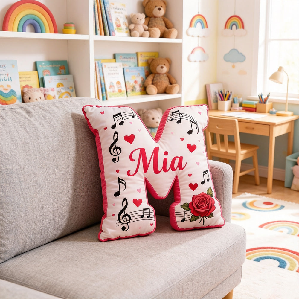 Personalized Rose Heart Music Note Pillow with Name, Custom Sheet Music Plush Cushion, Romantic Gift for Valentine's Day, Anniversary & Music Lovers