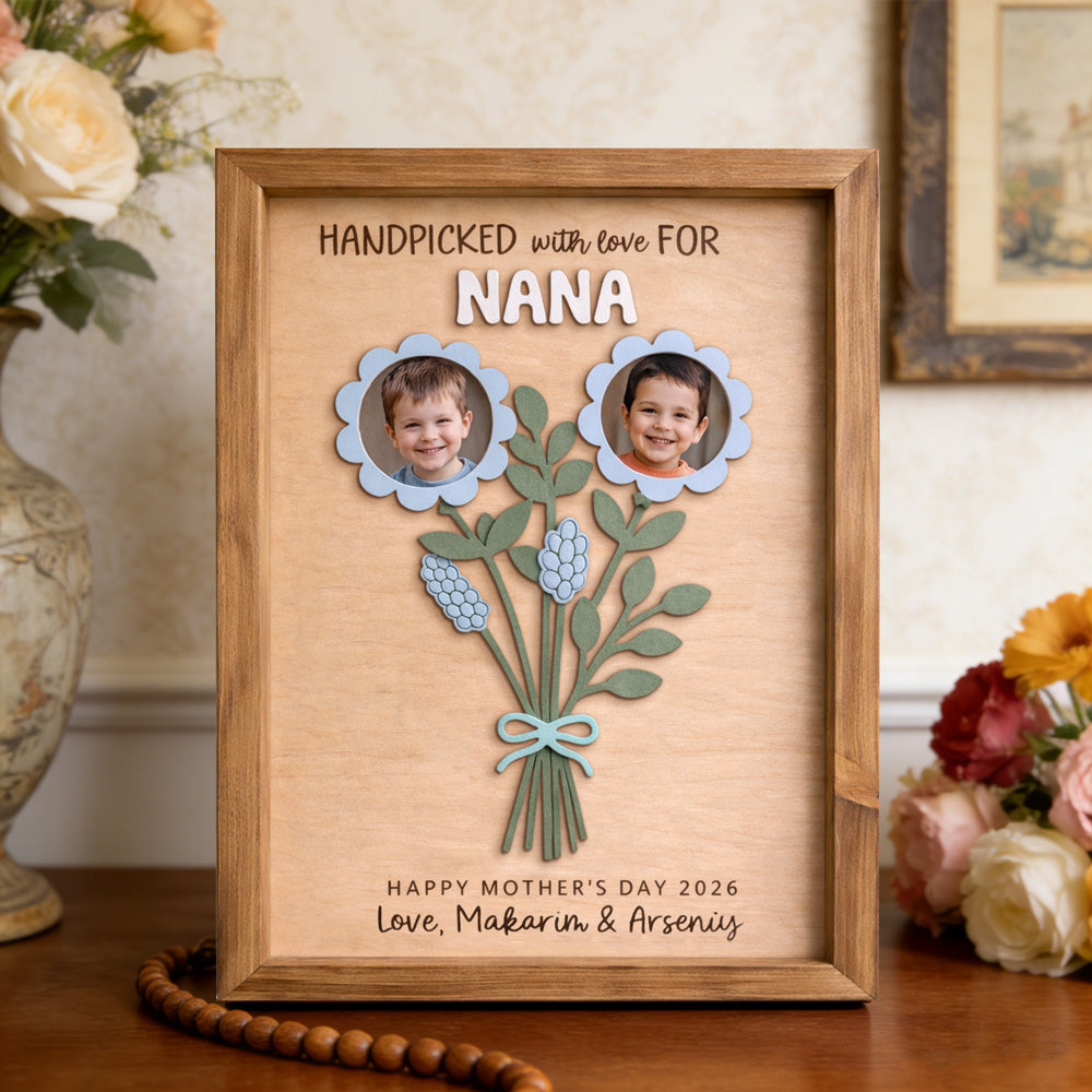 Personalized Flower Bouquet Wood Frame with Kids Photos Grandma Mother's Day Gifts