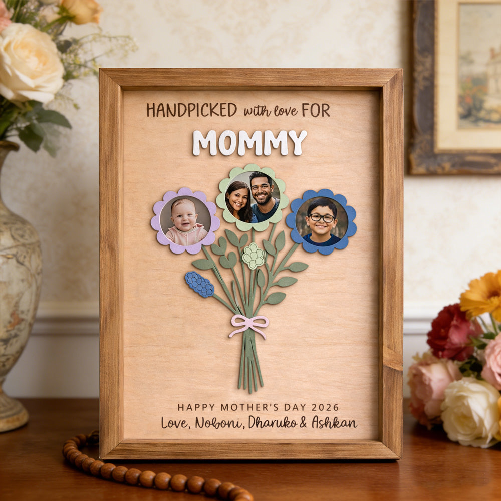 Personalized Flower Bouquet Wood Frame with Kids Photos Grandma Mother's Day Gifts