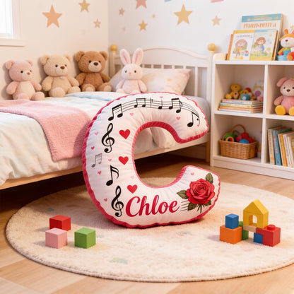 Personalized Rose Heart Music Note Pillow with Name, Custom Sheet Music Plush Cushion, Romantic Gift for Valentine's Day, Anniversary & Music Lovers