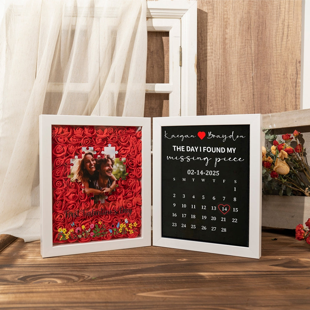 Eternal Rose & Missing Piece Collection: Custom 3D Floral Shadow Box with Personalized Jigsaw Photo and Special Date Calendar for Anniversaries
