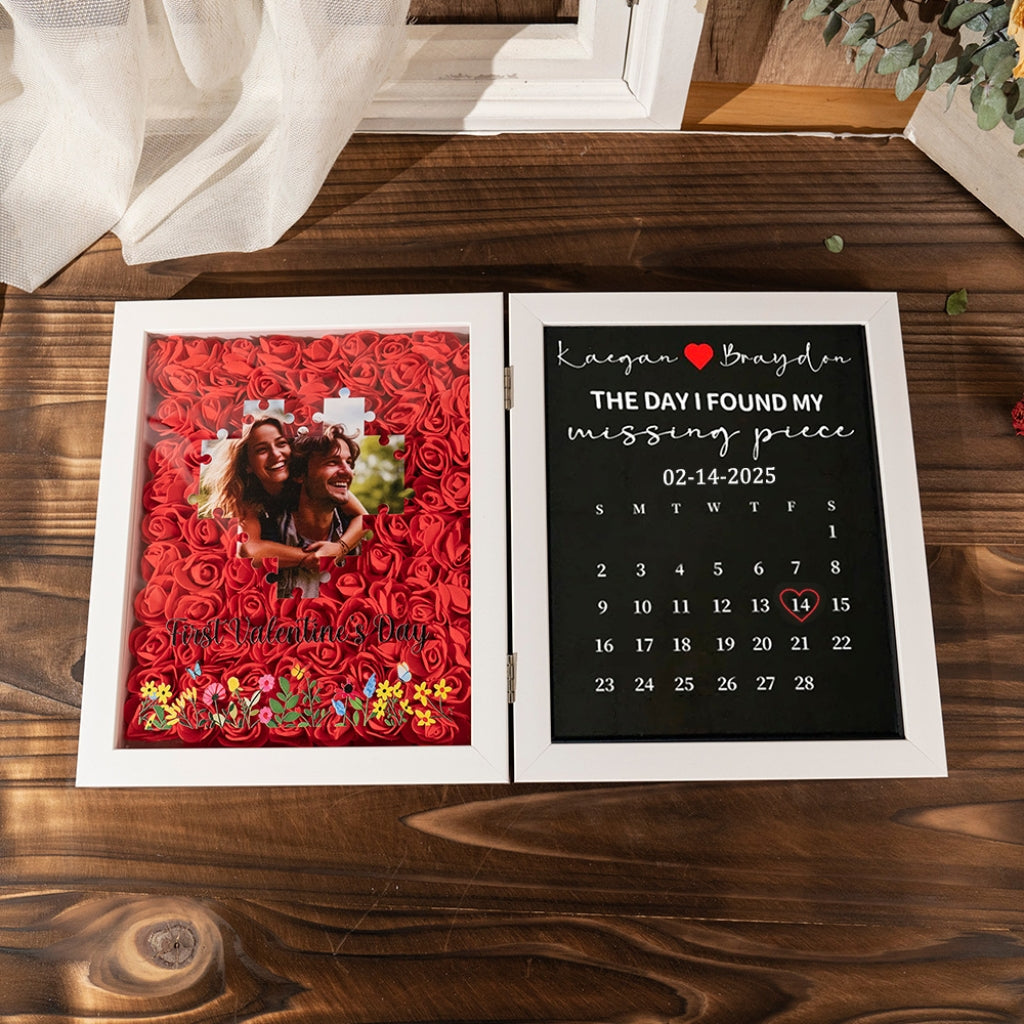 Eternal Rose & Missing Piece Collection: Custom 3D Floral Shadow Box with Personalized Jigsaw Photo and Special Date Calendar for Anniversaries