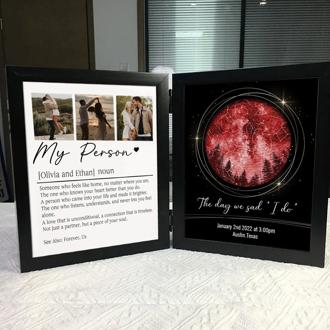 Personalized Bi-Fold Star Map & "Soul Mate" Definition Shadow Box: Custom "The Night Sky On The Day We Met" Photo Frame – Romantic Anniversary & Wedding Gift