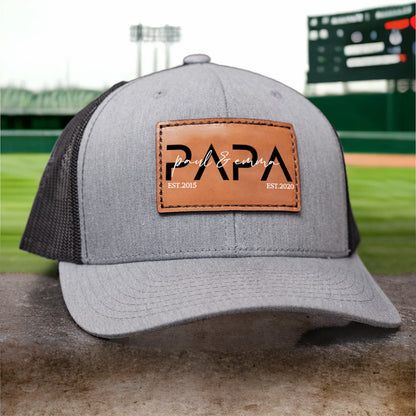 Personalized PAPA Hat with Est and Kids Names Leather Patch Trucker Hat Father's Day Gift
