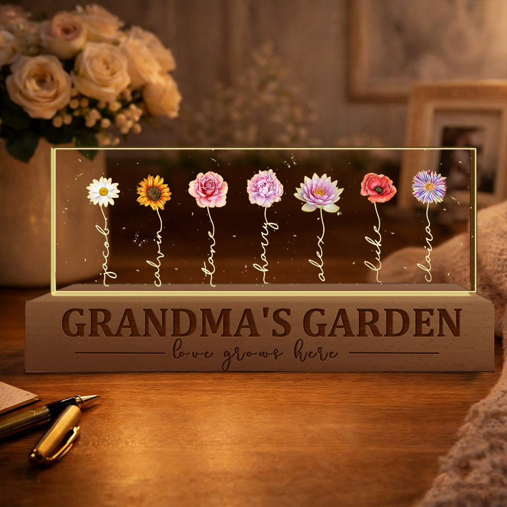 Personalized Mom's Garden Love Grows Here Birth Flower Wood Night Light Keepsake Gifts for Mom Grandma Christmas Gift