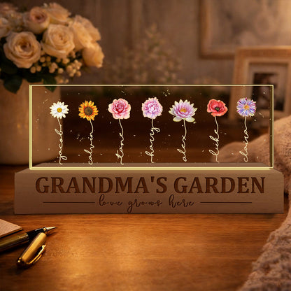 Personalized Mom's Garden Love Grows Here Birth Flower Wood Night Light Keepsake Gifts for Mom Grandma Christmas Gift