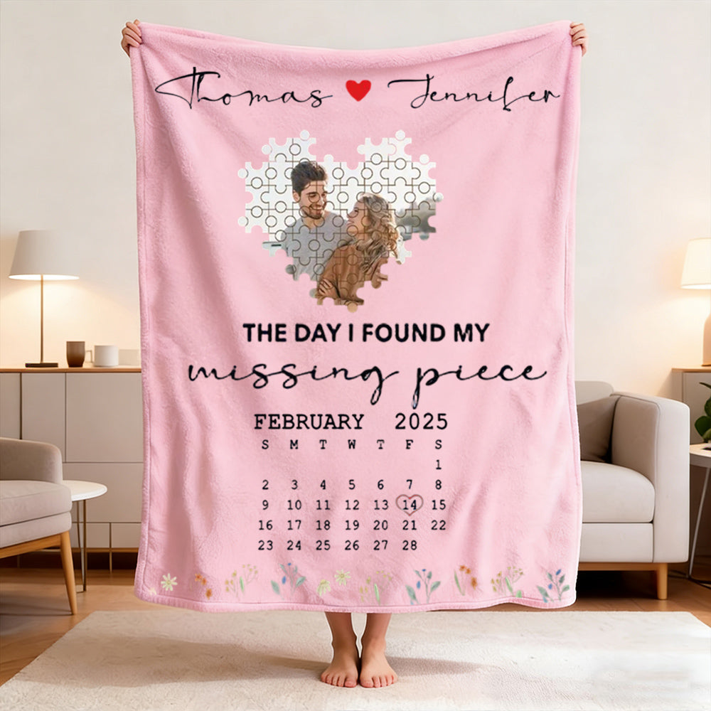 Personalized Valentine's Day Heart Puzzle Blanket - Custom Photo & Text Gift with Top Heart Design