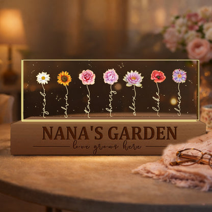 Personalized Mom's Garden Love Grows Here Birth Flower Wood Night Light Keepsake Gifts for Mom Grandma Christmas Gift