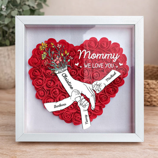 Personalized “Mommy, We Love You” Holding Hands Heart Flower Shadow Box – Custom Kids’ Names, Gift for Mom or New Mom