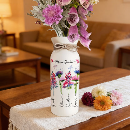 Custom Birth Month Flower Vase – “Mom’s Garden” with Kids’ Names, Thoughtful Gift for Mom or Grandma