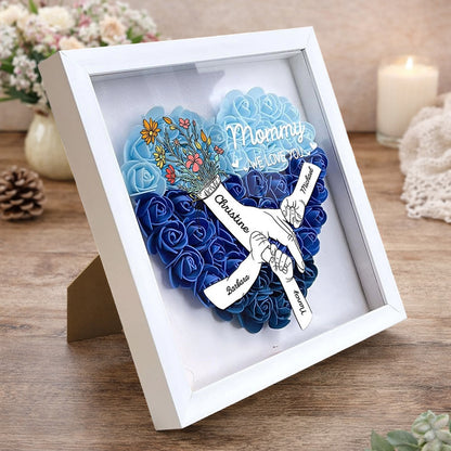 Personalized “Mommy, We Love You” Holding Hands Heart Flower Shadow Box – Custom Kids’ Names, Gift for Mom or New Mom