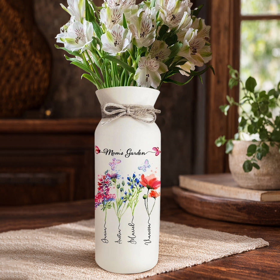 Custom Birth Month Flower Vase – “Mom’s Garden” with Kids’ Names, Thoughtful Gift for Mom or Grandma