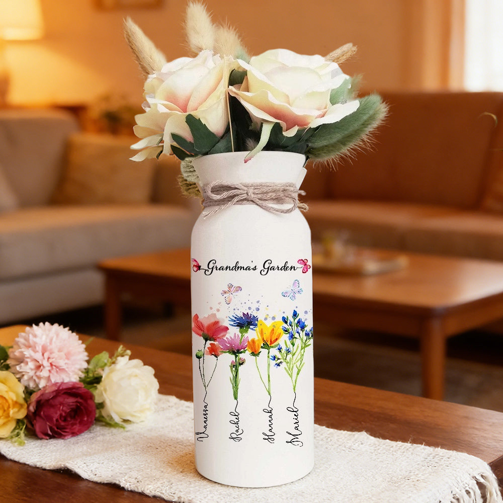 Custom Birth Month Flower Vase – “Mom’s Garden” with Kids’ Names, Thoughtful Gift for Mom or Grandma
