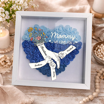 Personalized “Mommy, We Love You” Holding Hands Heart Flower Shadow Box – Custom Kids’ Names, Gift for Mom or New Mom