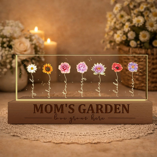 Personalized Mom's Garden Love Grows Here Birth Flower Wood Night Light Keepsake Gifts for Mom Grandma Christmas Gift