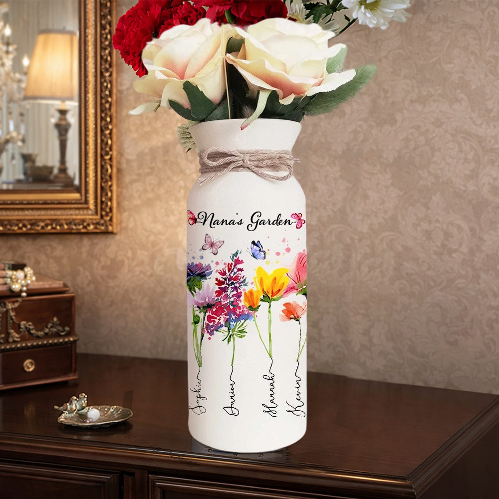 Custom Birth Month Flower Vase – “Mom’s Garden” with Kids’ Names, Thoughtful Gift for Mom or Grandma
