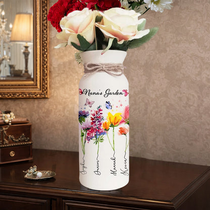 Custom Birth Month Flower Vase – “Mom’s Garden” with Kids’ Names, Thoughtful Gift for Mom or Grandma