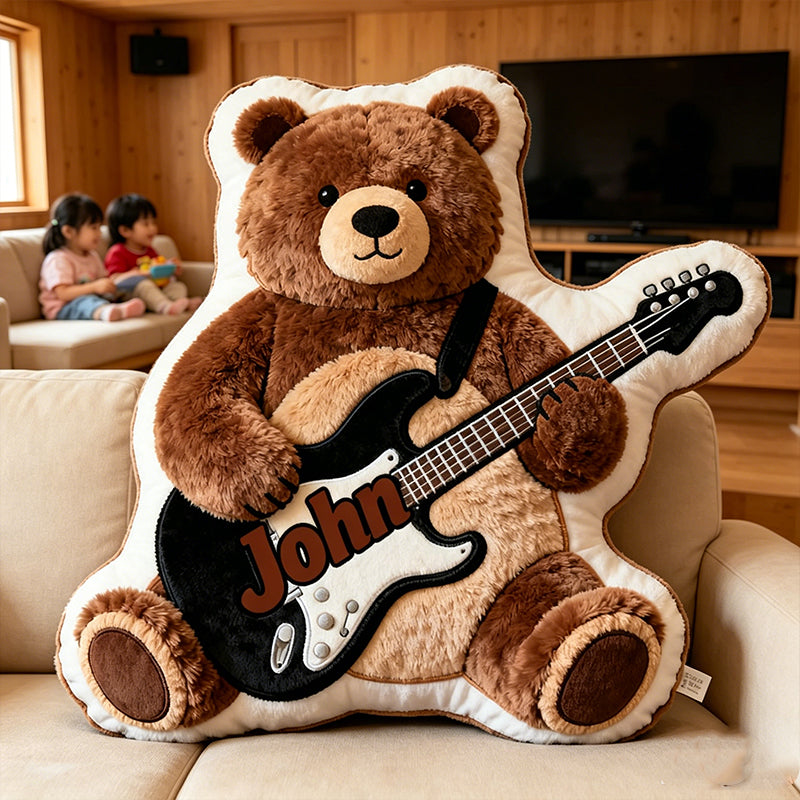 Personalized Brown Bear & Electric Guitar Pillow with Custom Name, Soft Plush Music Animal Cushion, Gift for Kids, Boys & Music Lovers