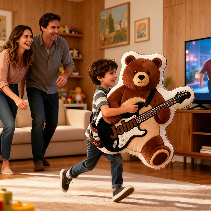 Personalized Brown Bear & Electric Guitar Pillow with Custom Name, Soft Plush Music Animal Cushion, Gift for Kids, Boys & Music Lovers