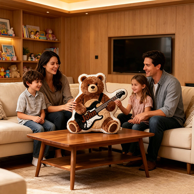 Personalized Brown Bear & Electric Guitar Pillow with Custom Name, Soft Plush Music Animal Cushion, Gift for Kids, Boys & Music Lovers
