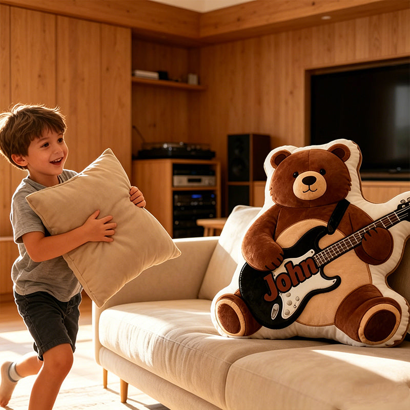 Personalized Brown Bear & Electric Guitar Pillow with Custom Name, Soft Plush Music Animal Cushion, Gift for Kids, Boys & Music Lovers